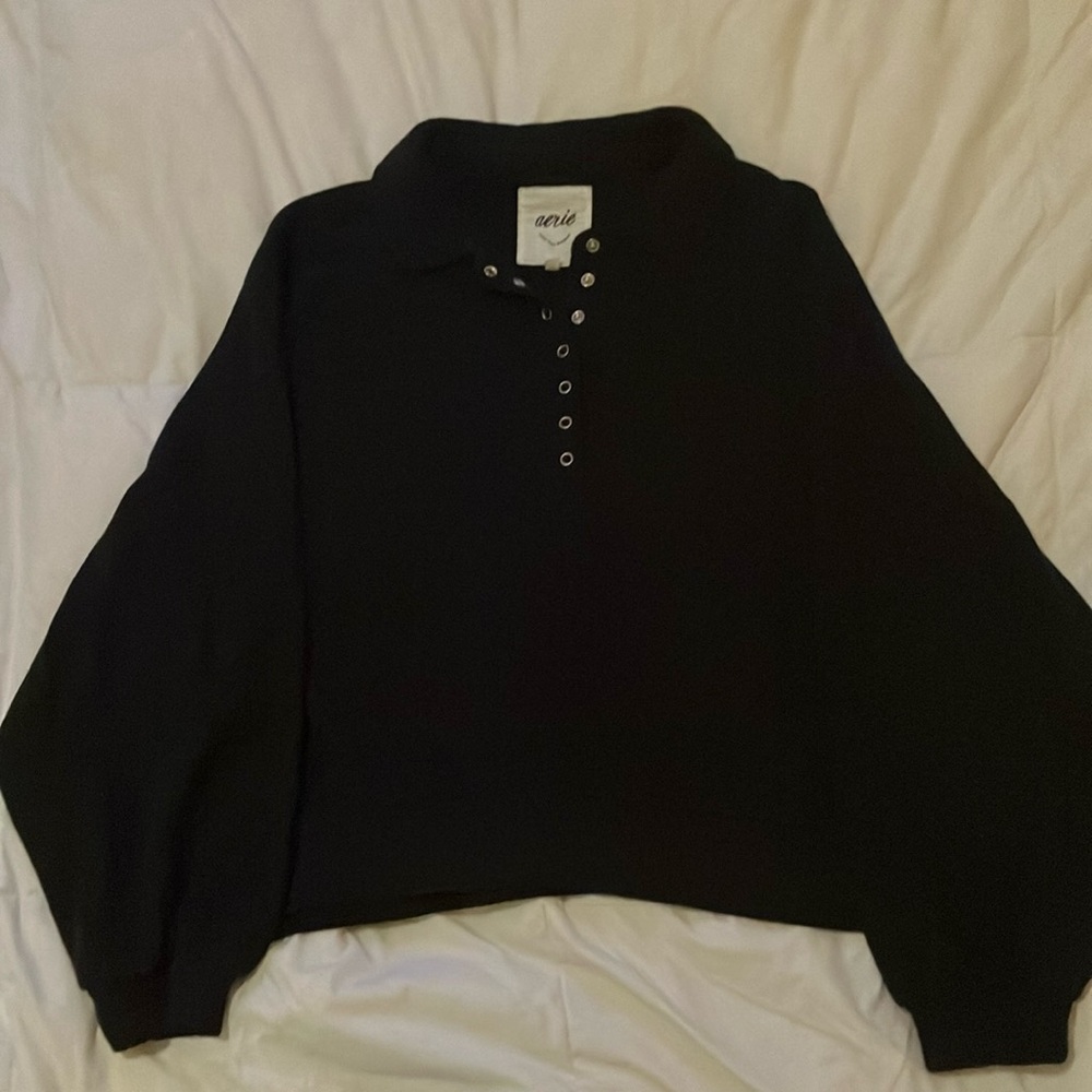 Aerie Black Long Sleeve Polo Sweatshirt
